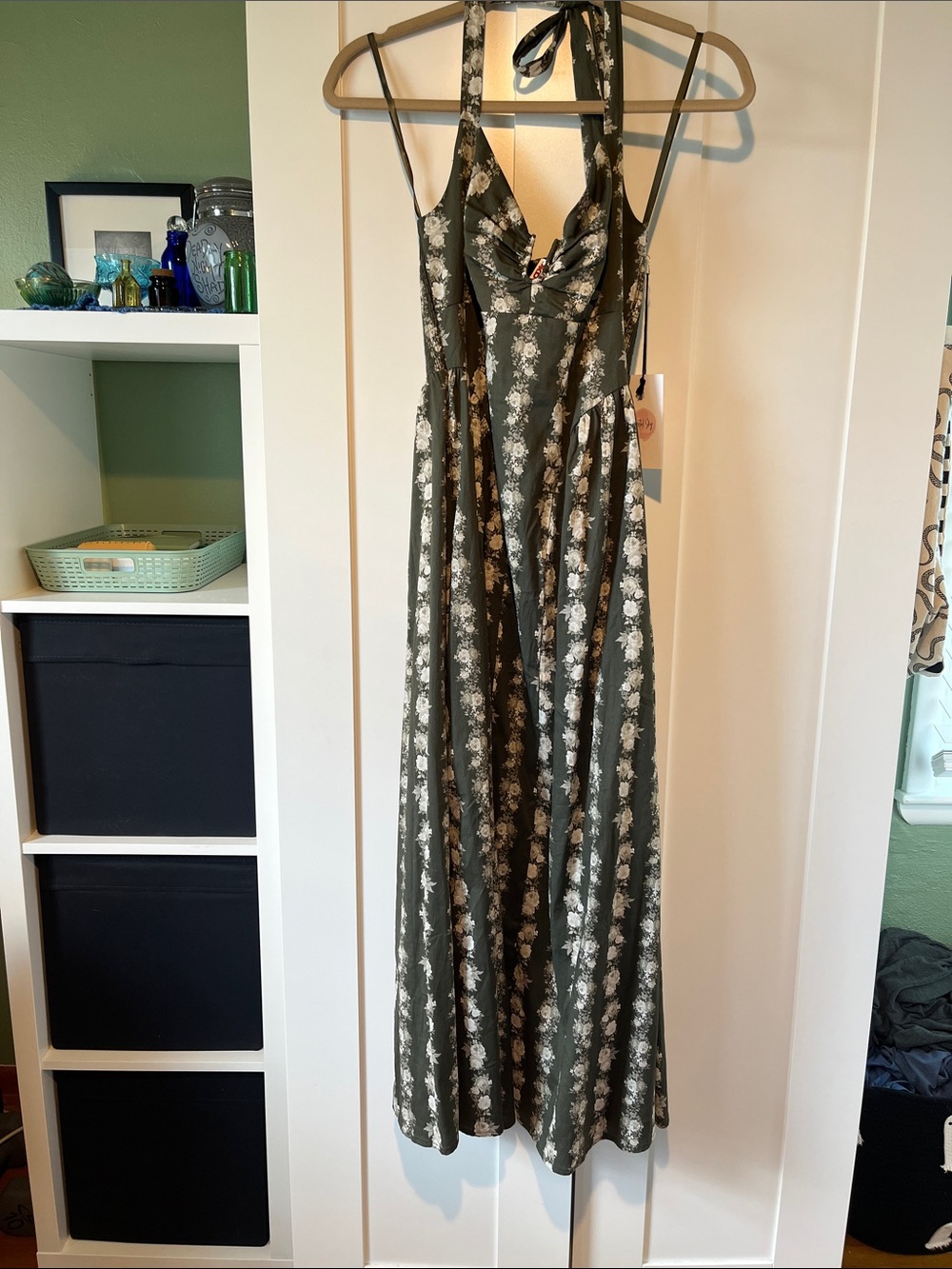 Floral Halter Maxi Dress in Olive Green